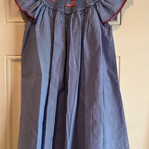 Edgehill Collection Blue Seersucker Girls Dress with Red Trim 3T